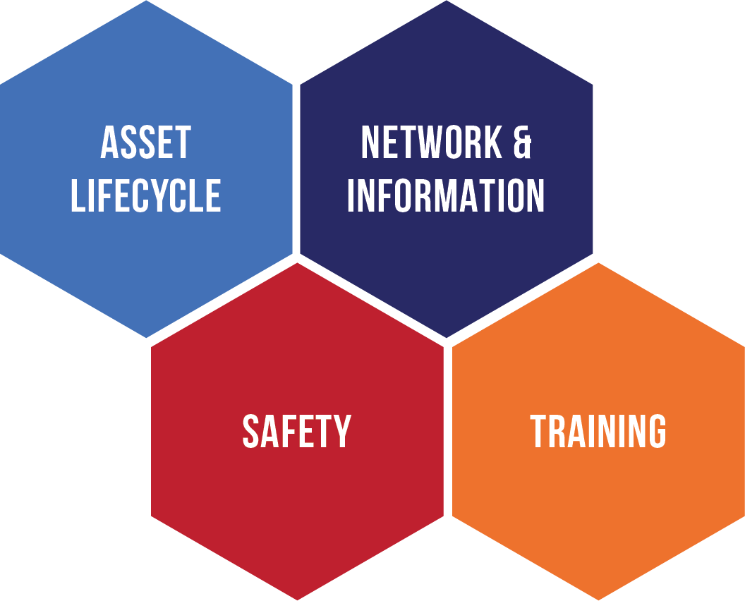 AIMM Service area graphic - asset lifecycle, safety, network & information, training