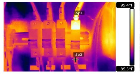 Thermo image of circuit breakers showing hot spots