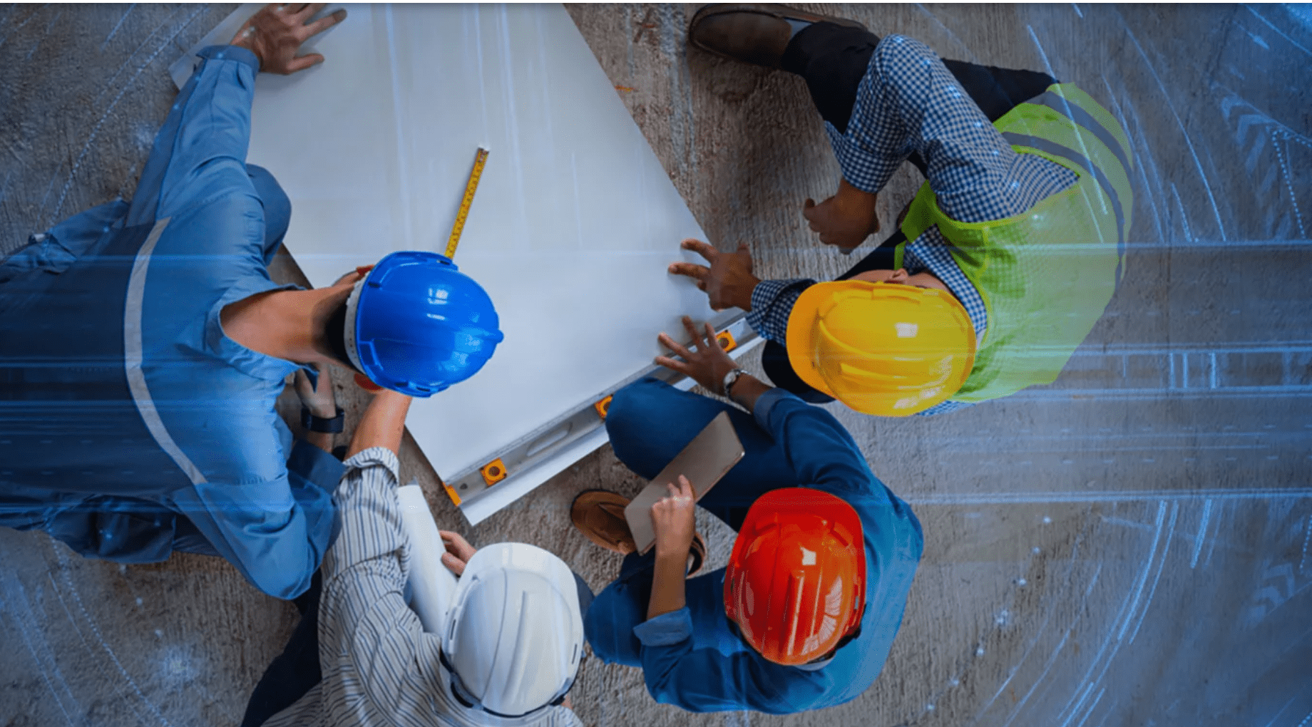 Rockwell whitepaper workers looking at blueprint photo