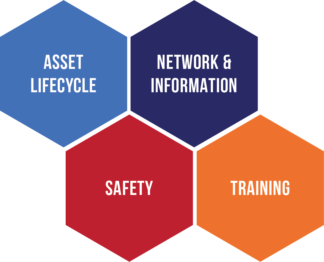 AIMM Service area graphic - asset lifecycle, safety, network & information, training